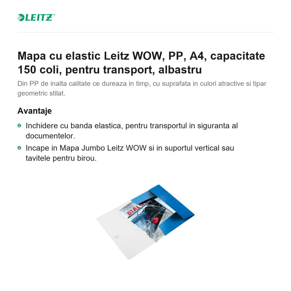 Mapa cu elastic Leitz WOW, PP, A4, capacitate 150 coli, pentru transport, albastru [2]