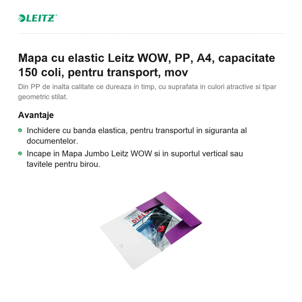 Mapa cu elastic Leitz WOW, PP, A4, capacitate 150 coli, pentru transport, mov [2]
