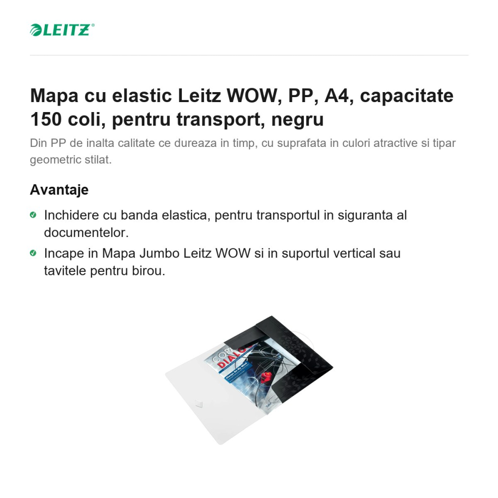 Mapa cu elastic Leitz WOW, PP, A4, capacitate 150 coli, pentru transport, negru [2]