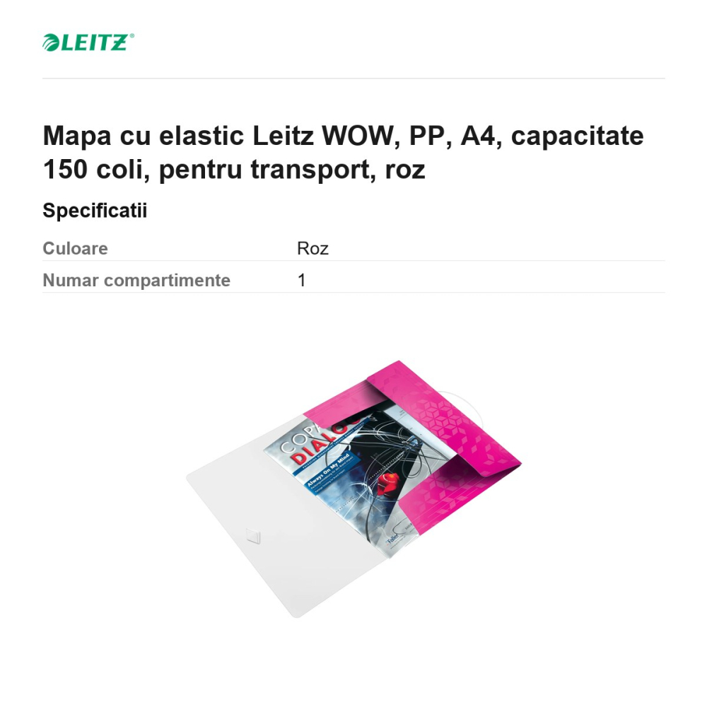 Mapa cu elastic Leitz WOW, PP, A4, capacitate 150 coli, pentru transport, roz [3]
