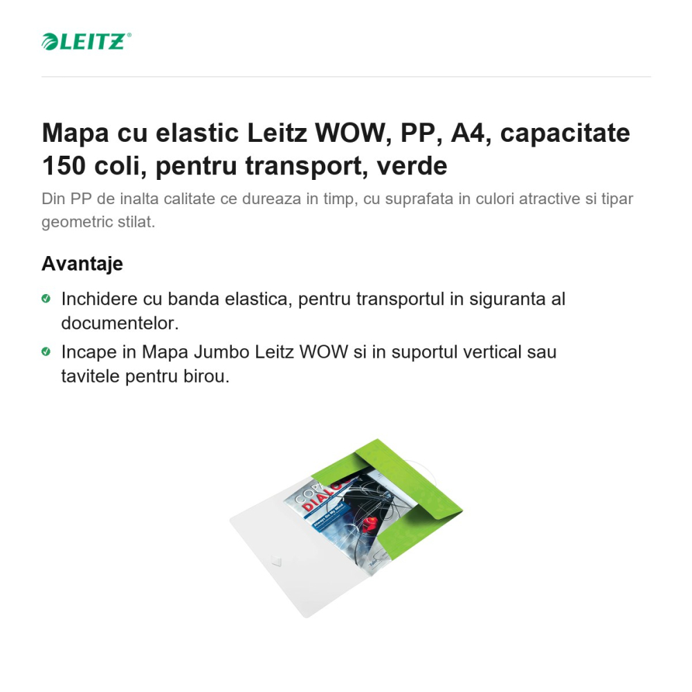 Mapa cu elastic Leitz WOW, PP, A4, capacitate 150 coli, pentru transport, verde [2]