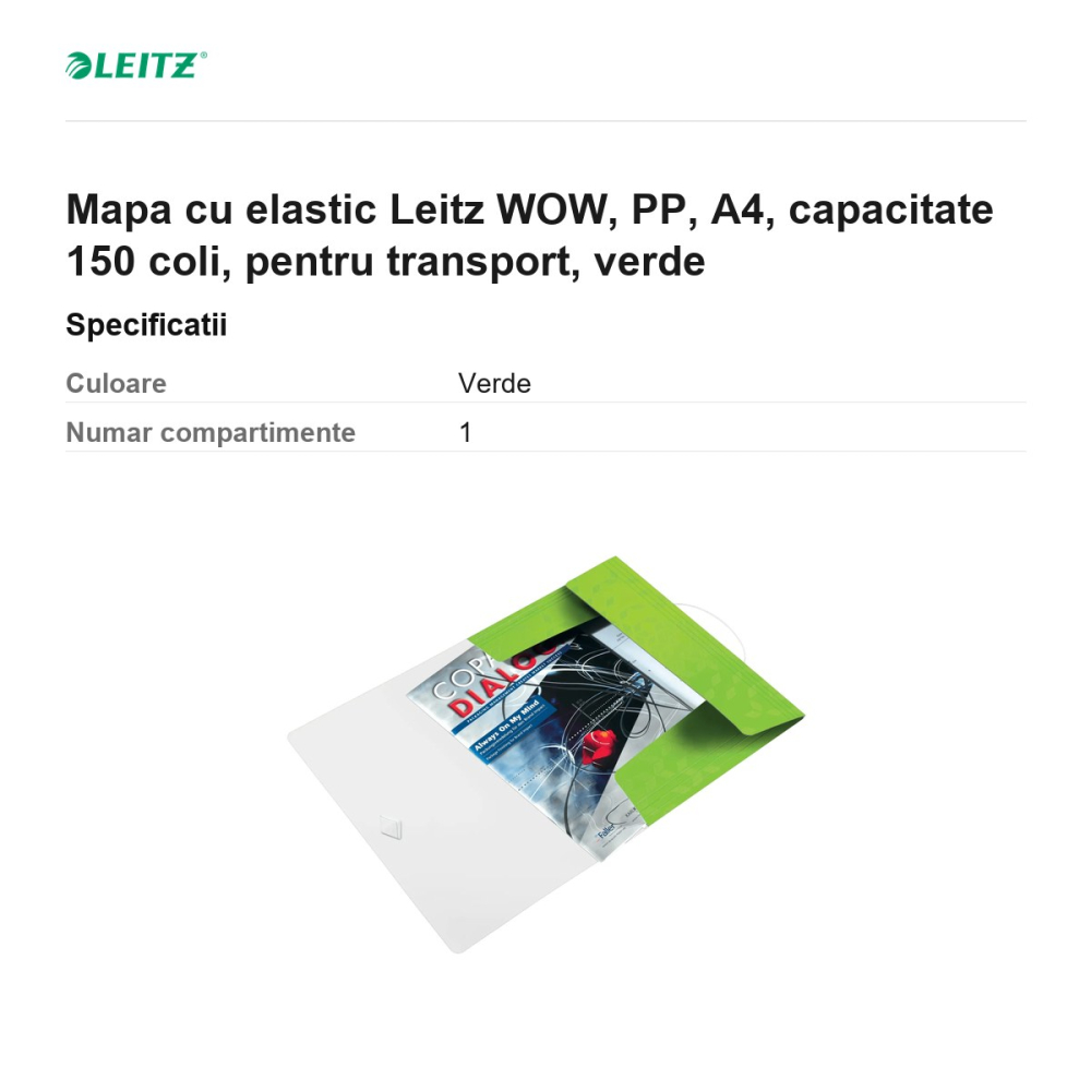 Mapa cu elastic Leitz WOW, PP, A4, capacitate 150 coli, pentru transport, verde [3]