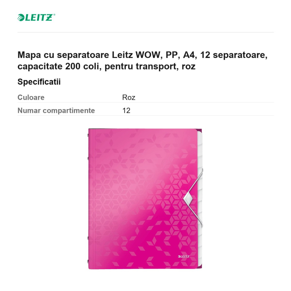 Mapa cu separatoare Leitz WOW, PP, A4, 12 separatoare, capacitate 200 coli, pentru transport, roz [3]