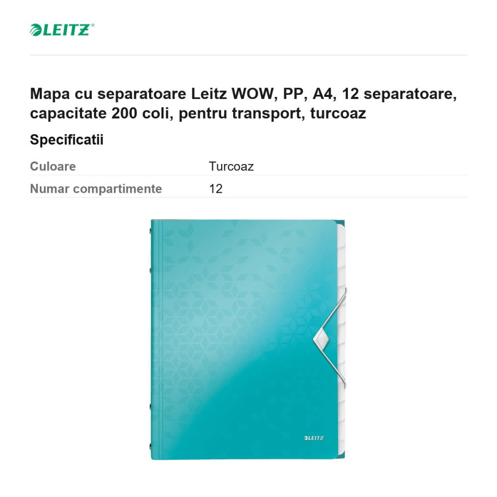 Mapa cu separatoare Leitz WOW, PP, A4, 12 separatoare, capacitate 200 coli, pentru transport, turcoaz [3]