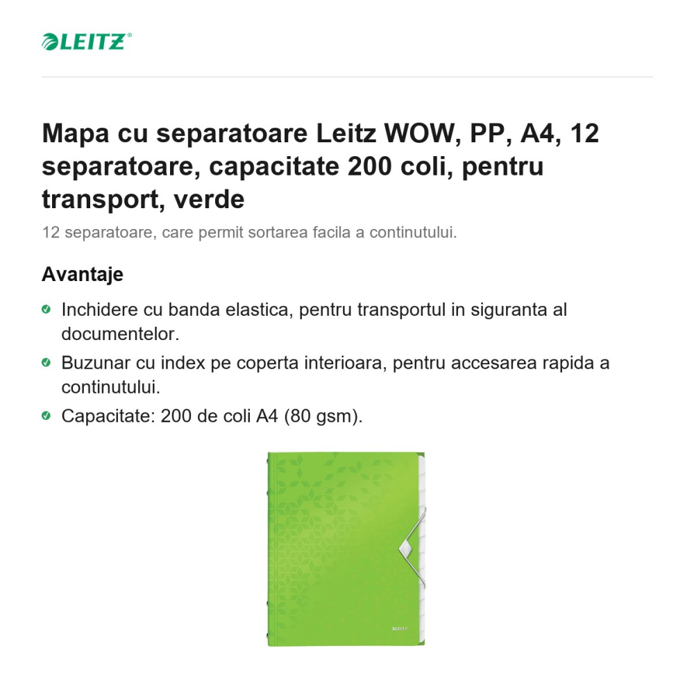 Mapa cu separatoare Leitz WOW, PP, A4, 12 separatoare, capacitate 200 coli, pentru transport, verde [2]