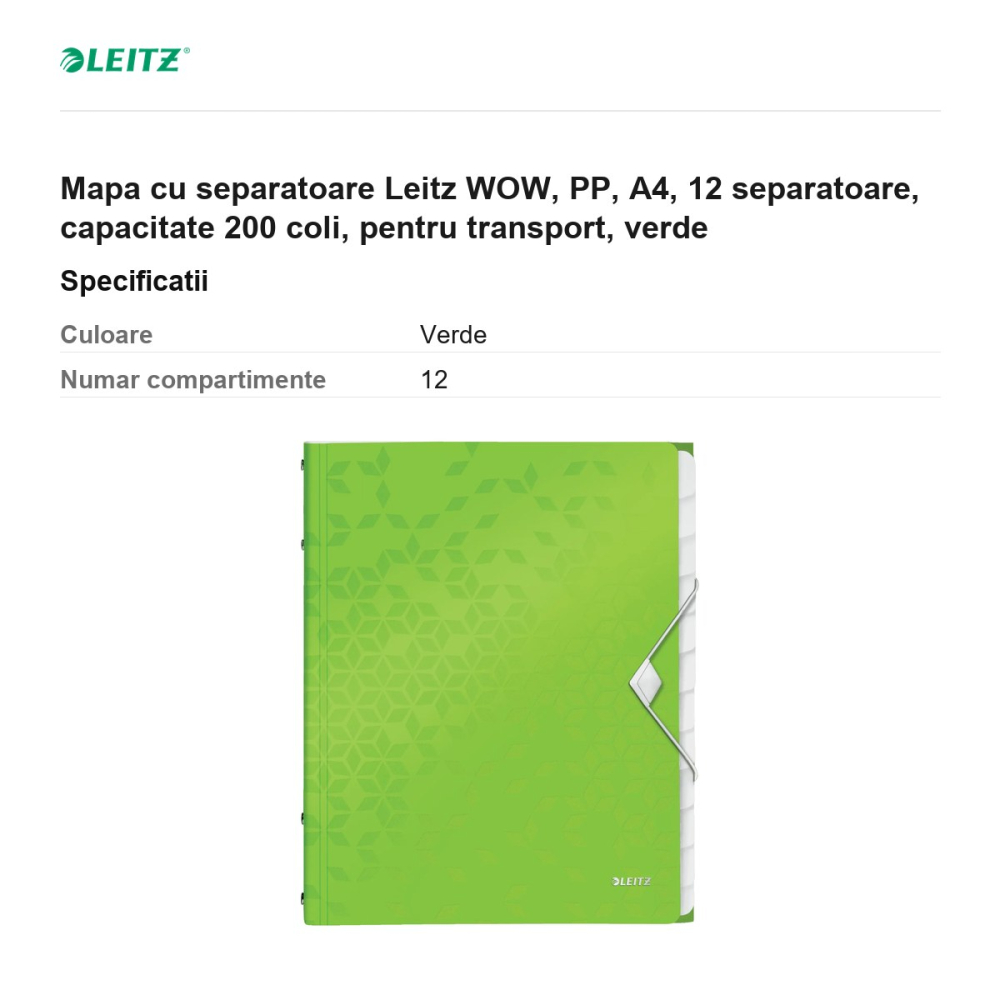 Mapa cu separatoare Leitz WOW, PP, A4, 12 separatoare, capacitate 200 coli, pentru transport, verde [3]