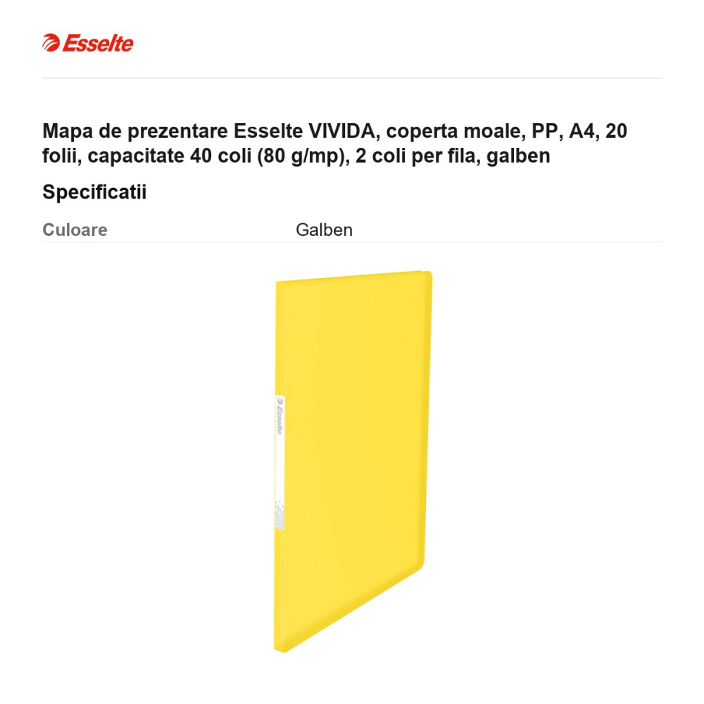 Mapa de prezentare Esselte VIVIDA, coperta moale, PP, A4, 20 folii, capacitate 40 coli (80 g/mp), 2 coli per fila, galben [3]