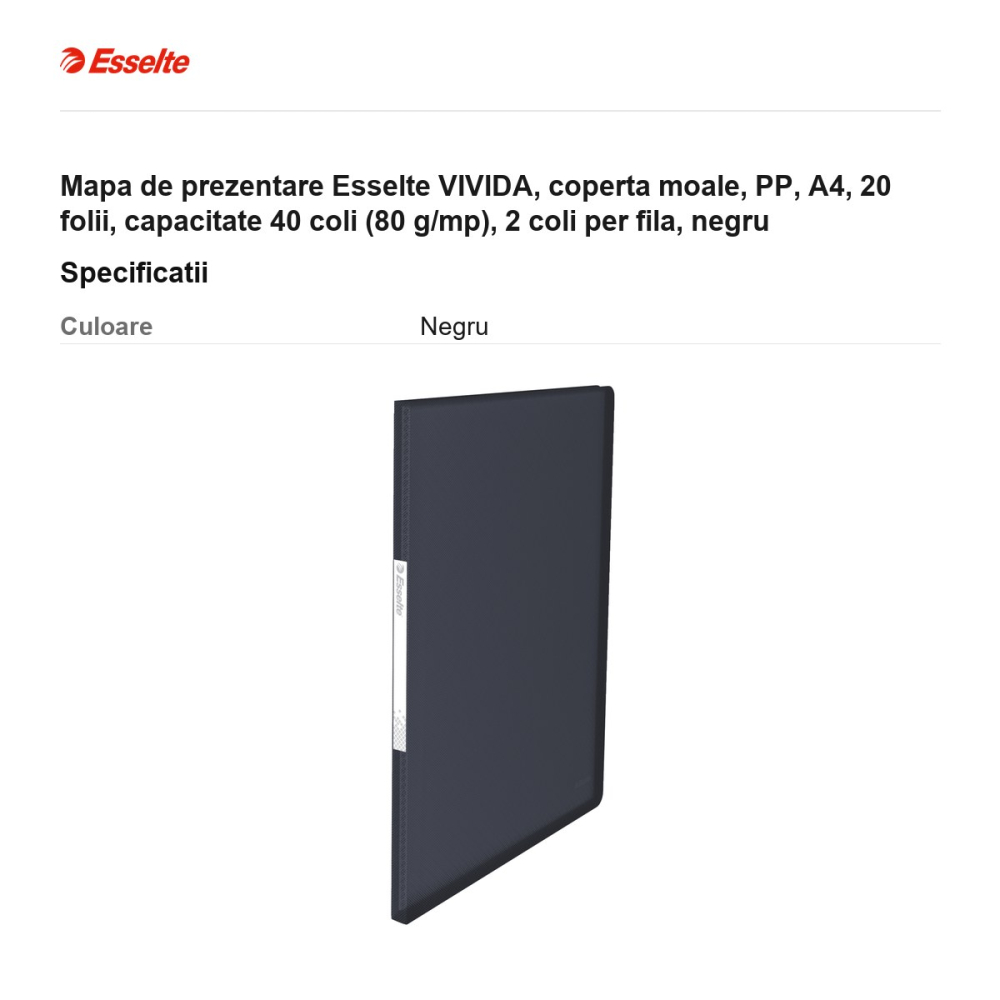 Mapa de prezentare Esselte VIVIDA, coperta moale, PP, A4, 20 folii, capacitate 40 coli (80 g/mp), 2 coli per fila, negru [3]