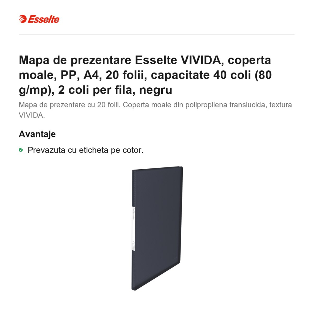 Mapa de prezentare Esselte VIVIDA, coperta moale, PP, A4, 20 folii, capacitate 40 coli (80 g/mp), 2 coli per fila, negru [2]