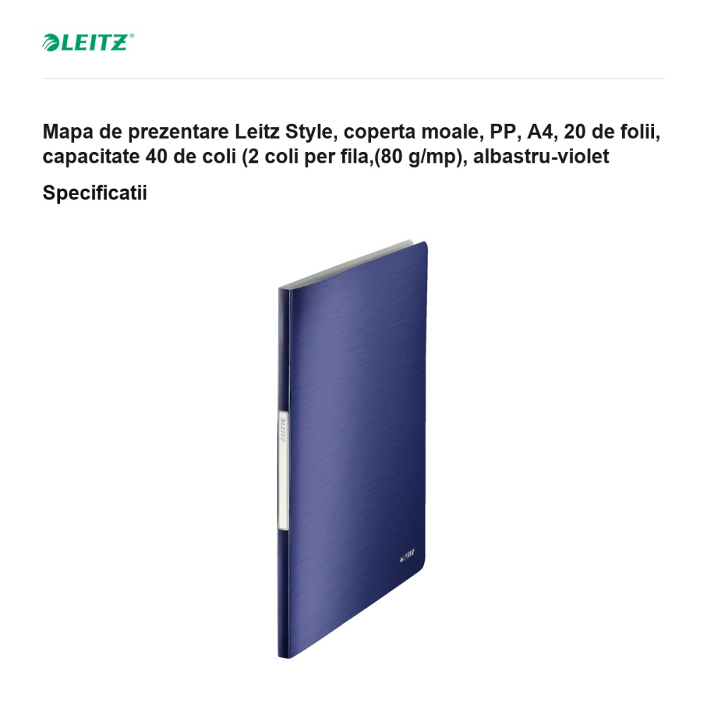 Mapa de prezentare Leitz Style, coperta moale, PP, A4, 20 de folii, capacitate 40 de coli (2 coli per fila,(80 g/mp), albastru-violet [3]