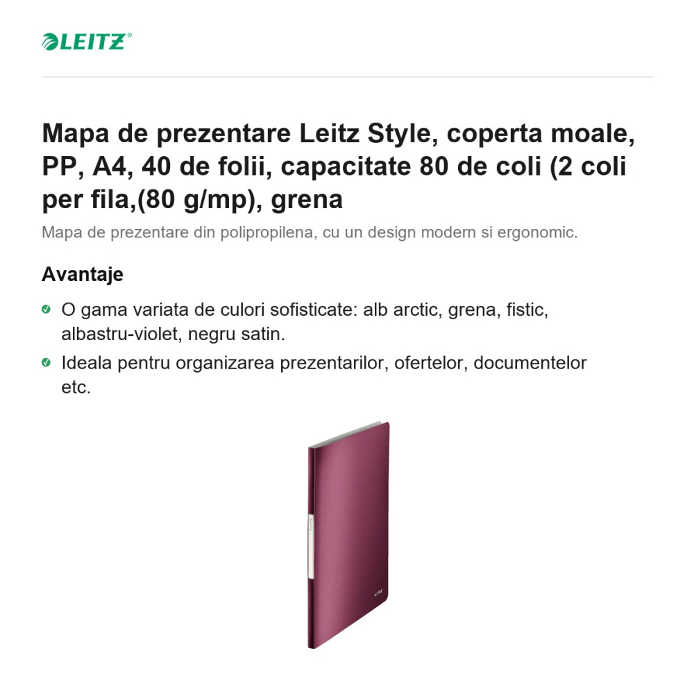 Mapa de prezentare Leitz Style, coperta moale, PP, A4, 40 de folii, capacitate 80 de coli (2 coli per fila,(80 g/mp), grena [2]