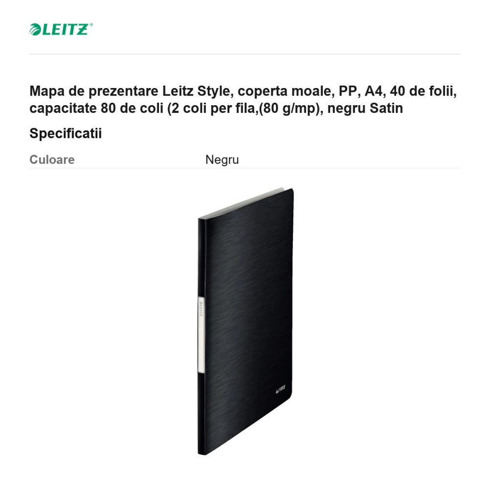 Mapa de prezentare Leitz Style, coperta moale, PP, A4, 40 de folii, capacitate 80 de coli (2 coli per fila,(80 g/mp), negru Satin [3]