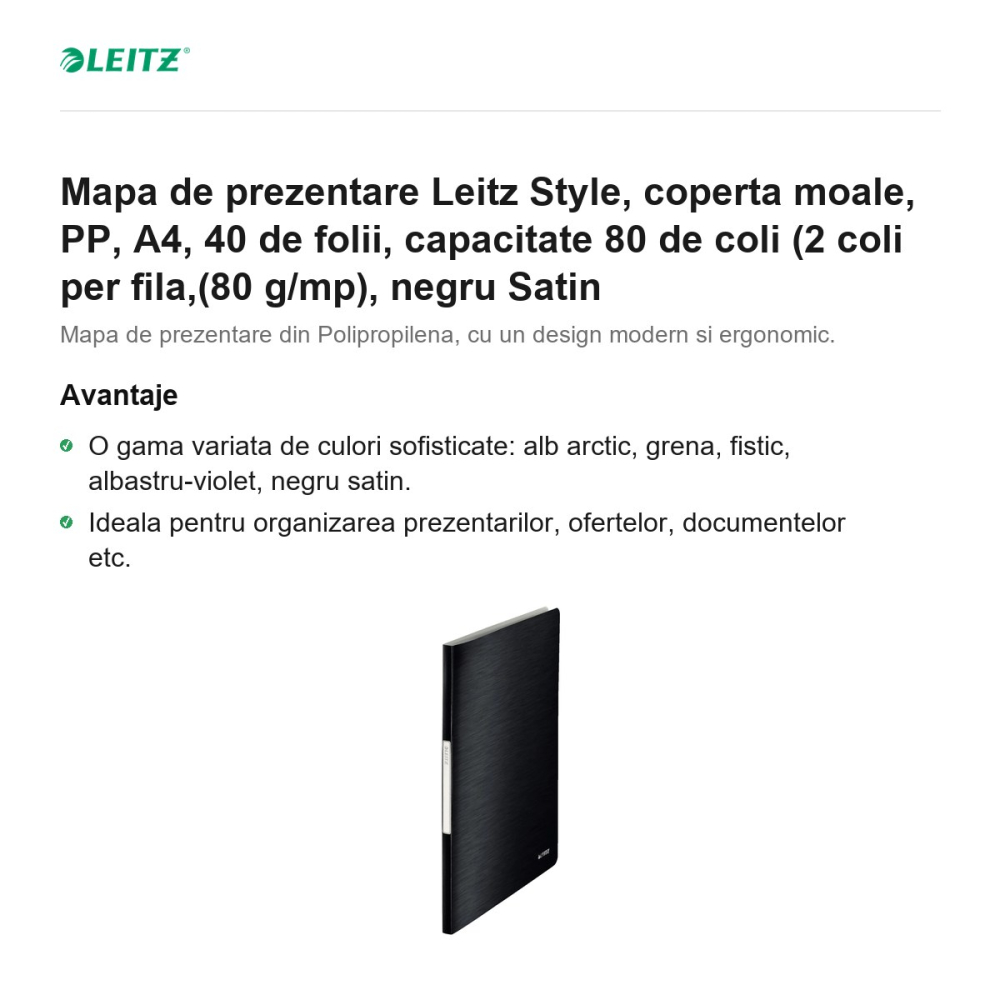 Mapa de prezentare Leitz Style, coperta moale, PP, A4, 40 de folii, capacitate 80 de coli (2 coli per fila,(80 g/mp), negru Satin [2]