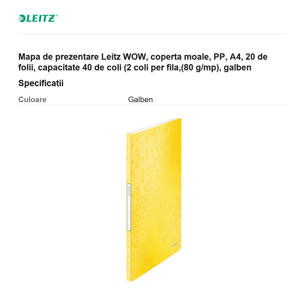 Mapa de prezentare Leitz WOW, coperta moale, PP, A4, 20 de folii, capacitate 40 de coli (2 coli per fila,(80 g/mp), galben [3]
