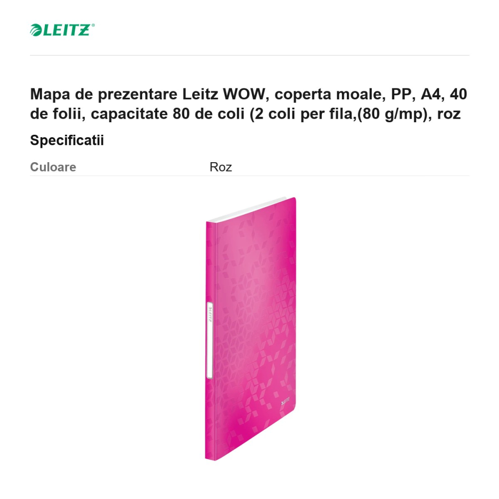 Mapa de prezentare Leitz WOW, coperta moale, PP, A4, 40 de folii, capacitate 80 de coli (2 coli per fila,(80 g/mp), roz [3]