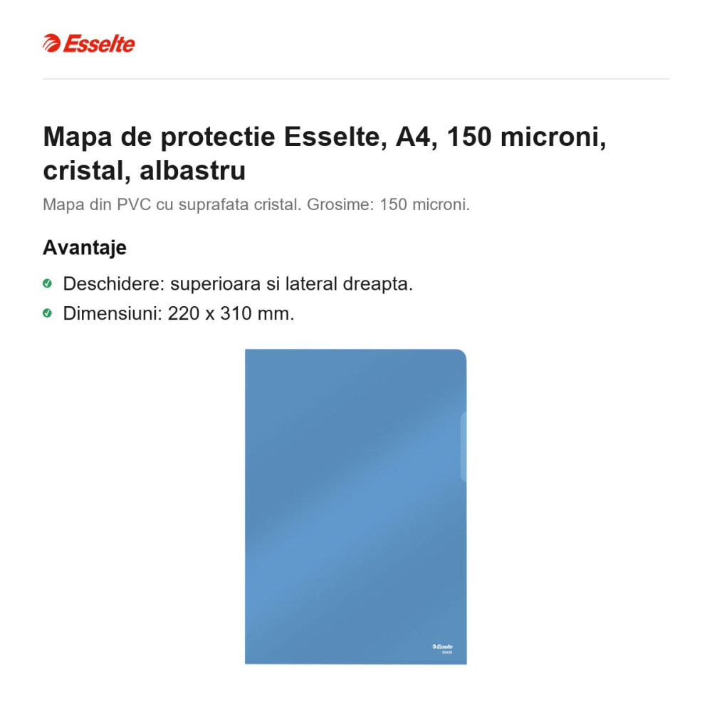 Mapa de protectie Esselte, A4, 150 microni, cristal, albastru [2]