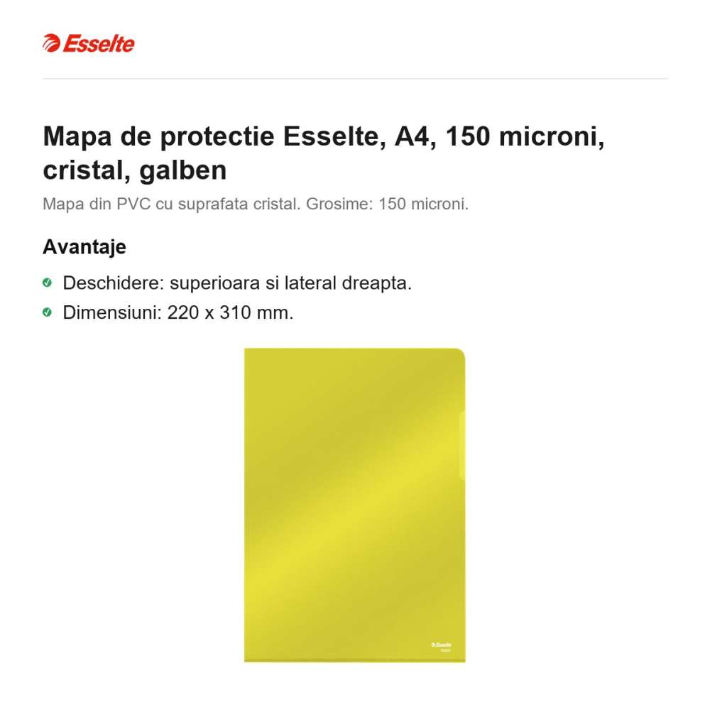 Mapa de protectie Esselte, A4, 150 microni, cristal, galben [2]