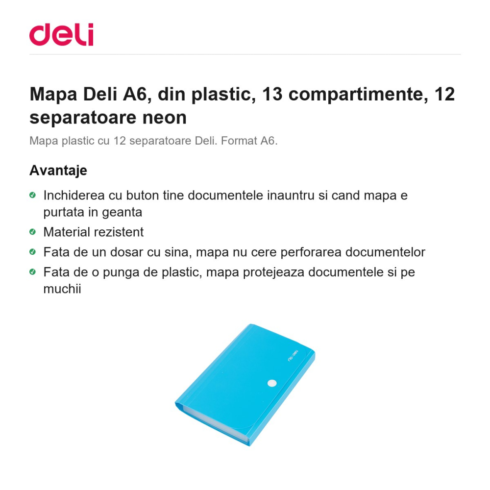 Mapa Deli A6, din plastic, 13 compartimente, 12 separatoare neon [2]