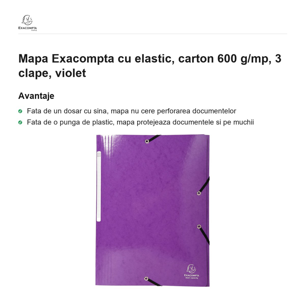 Mapa Exacompta cu elastic, carton 600 g/mp, 3 clape, violet [2]