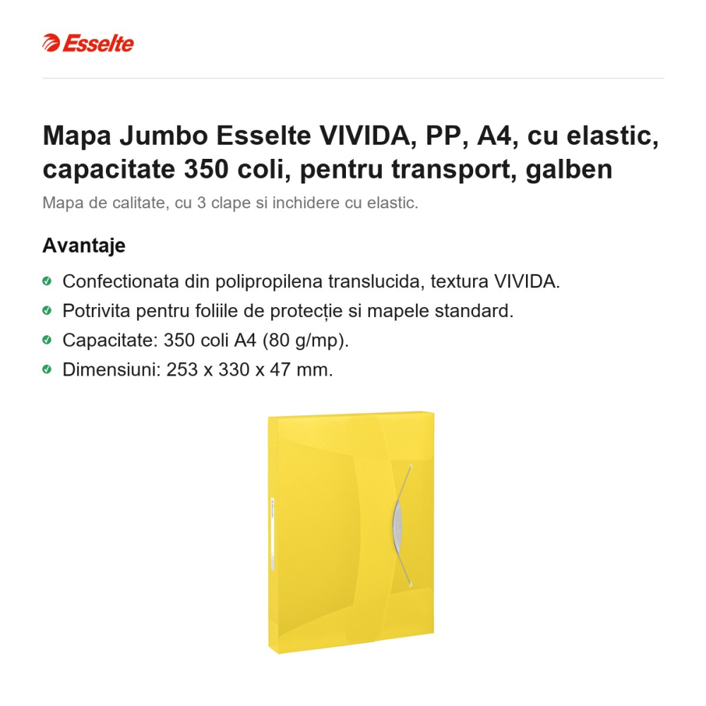 Mapa Jumbo Esselte VIVIDA, PP, A4, cu elastic, capacitate 350 coli, pentru transport, galben [2]