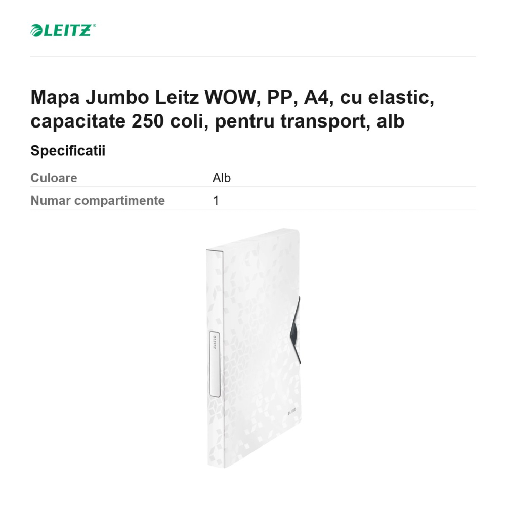 Mapa Jumbo Leitz WOW, PP, A4, cu elastic, capacitate 250 coli, pentru transport, alb [3]