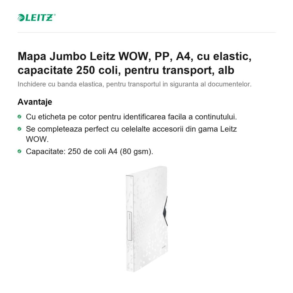 Mapa Jumbo Leitz WOW, PP, A4, cu elastic, capacitate 250 coli, pentru transport, alb [2]
