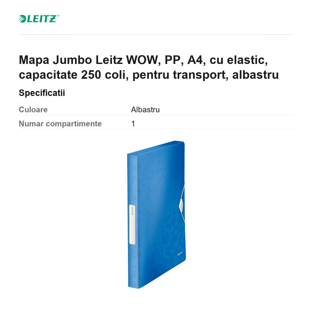 Mapa Jumbo Leitz WOW, PP, A4, cu elastic, capacitate 250 coli, pentru transport, albastru [3]