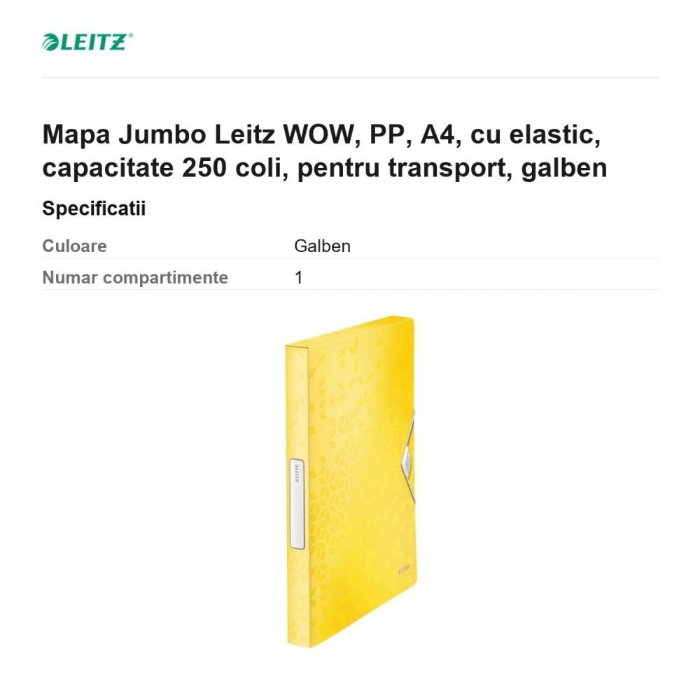 Mapa Jumbo Leitz WOW, PP, A4, cu elastic, capacitate 250 coli, pentru transport, galben [3]