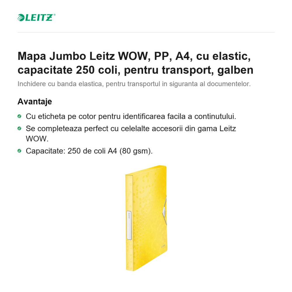 Mapa Jumbo Leitz WOW, PP, A4, cu elastic, capacitate 250 coli, pentru transport, galben [2]
