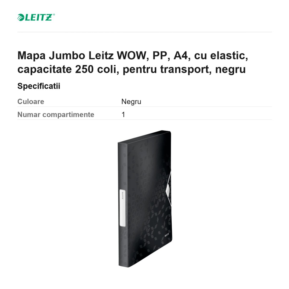 Mapa Jumbo Leitz WOW, PP, A4, cu elastic, capacitate 250 coli, pentru transport, negru [3]