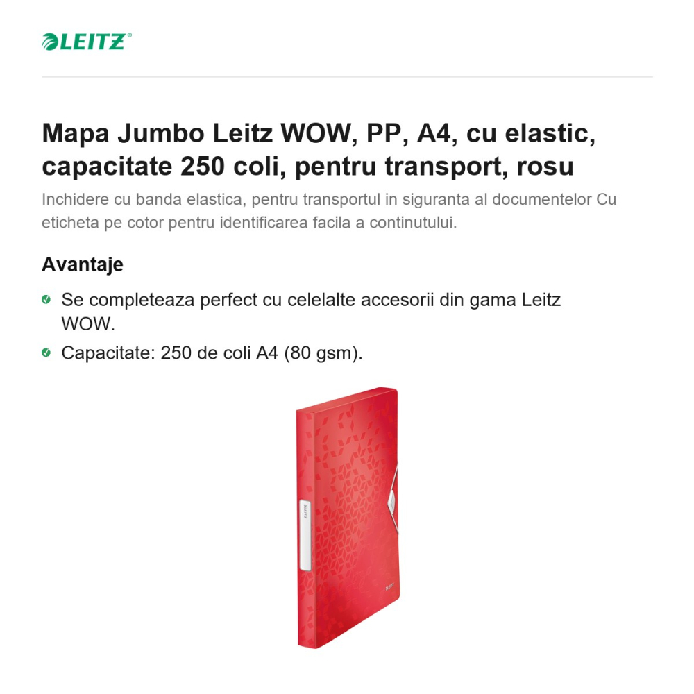 Mapa Jumbo Leitz WOW, PP, A4, cu elastic, capacitate 250 coli, pentru transport, rosu [2]