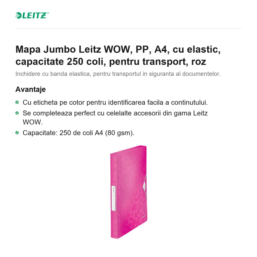 Mapa Jumbo Leitz WOW, PP, A4, cu elastic, capacitate 250 coli, pentru transport, roz [2]