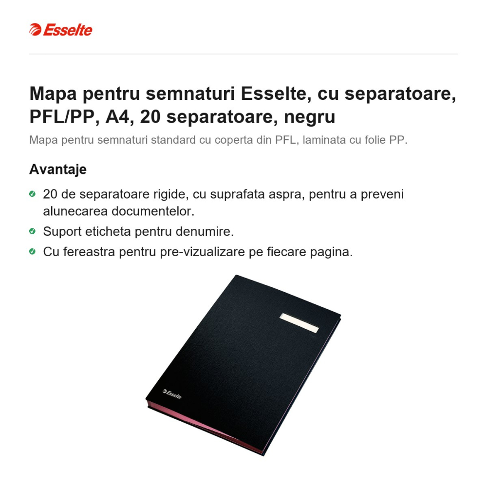 Mapa pentru semnaturi Esselte, cu separatoare, PFL/PP, A4, 20 separatoare, negru [2]
