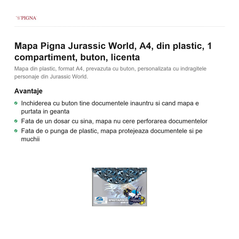 Mapa Pigna Jurassic World, A4, din plastic, 1 compartiment, buton, licenta [2]