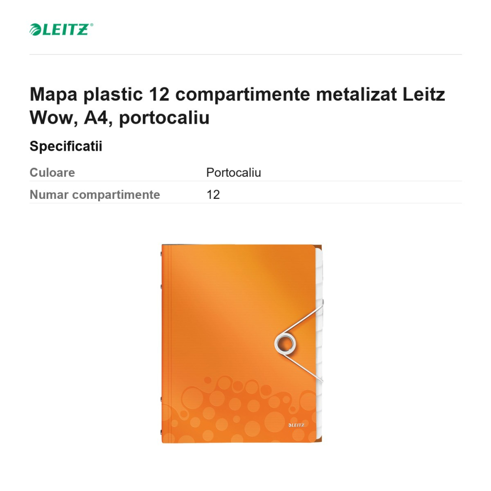 Mapa plastic 12 compartimente metalizat Leitz Wow, A4, portocaliu [3]