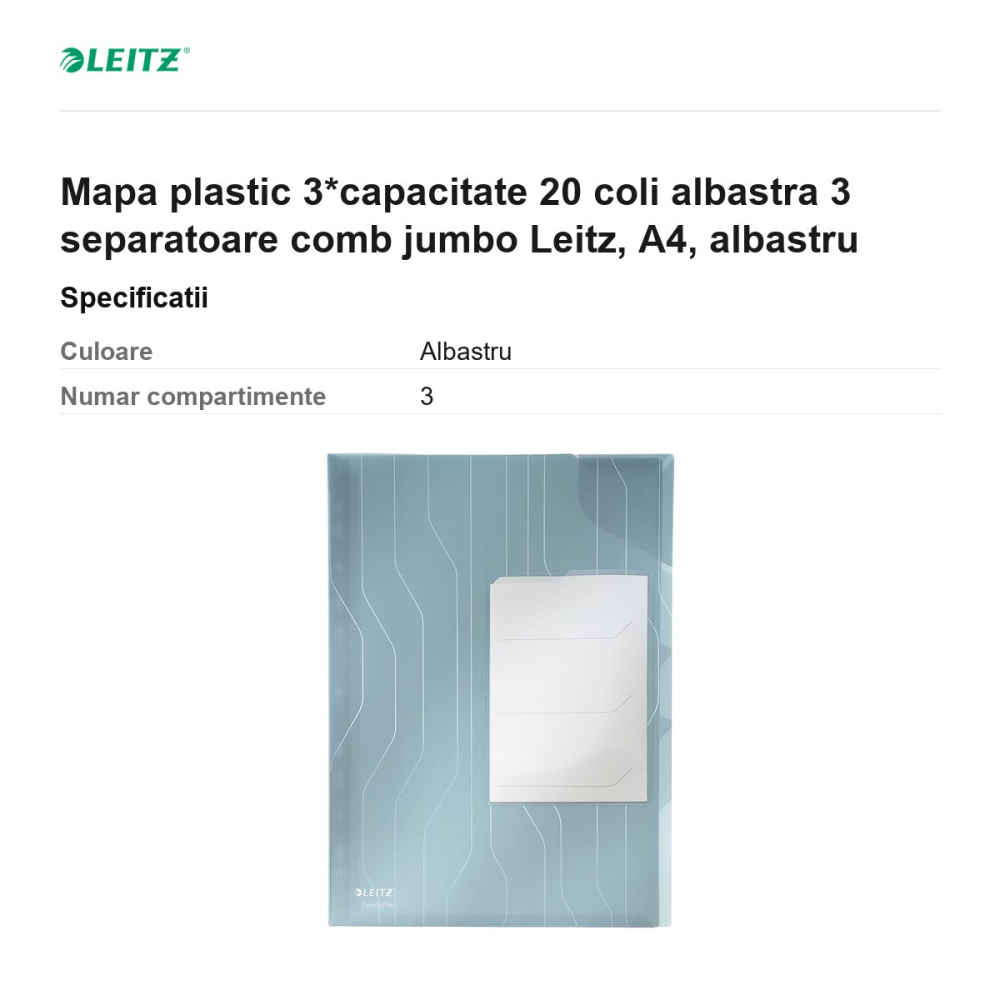 Mapa plastic 3*capacitate 20 coli albastra 3 separatoare comb jumbo Leitz, A4, albastru [3]