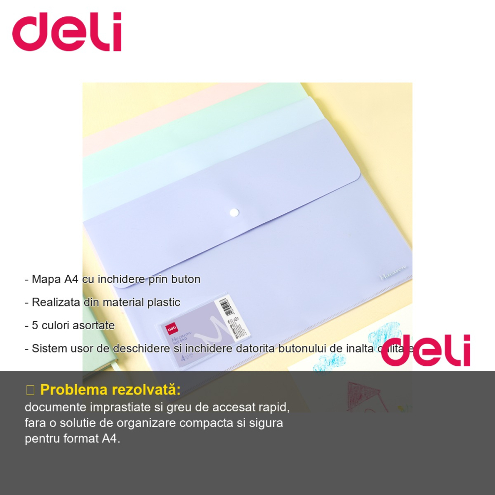 Mapa plastic A4 Deli, culori macaron, cu buton si buzunar exterior, pentru organizare documente [2]