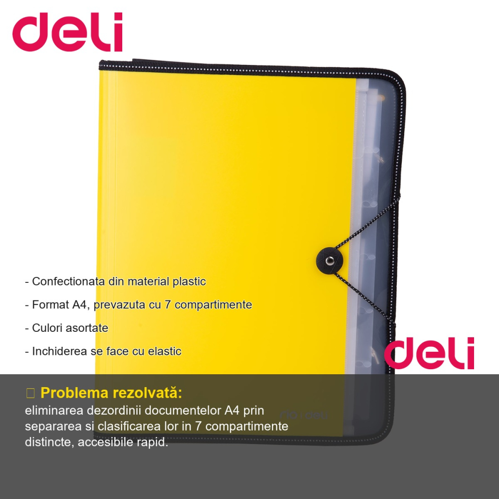 Mapa plastic cu 7 compartimente Deli, format A4, inchidere cu elastic, culori asortate [2]