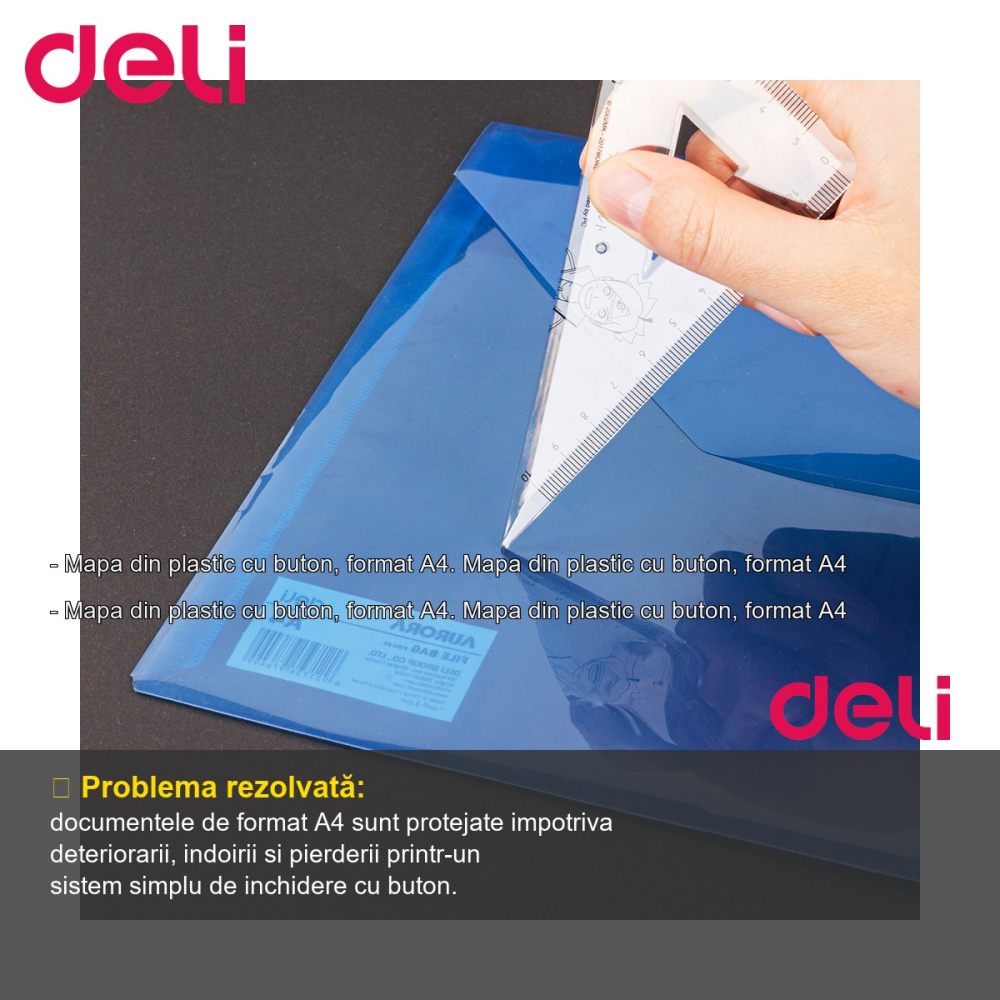 Mapa plastic cu buton Deli, format A4, albastra, pentru organizarea documentelor la birou [2]