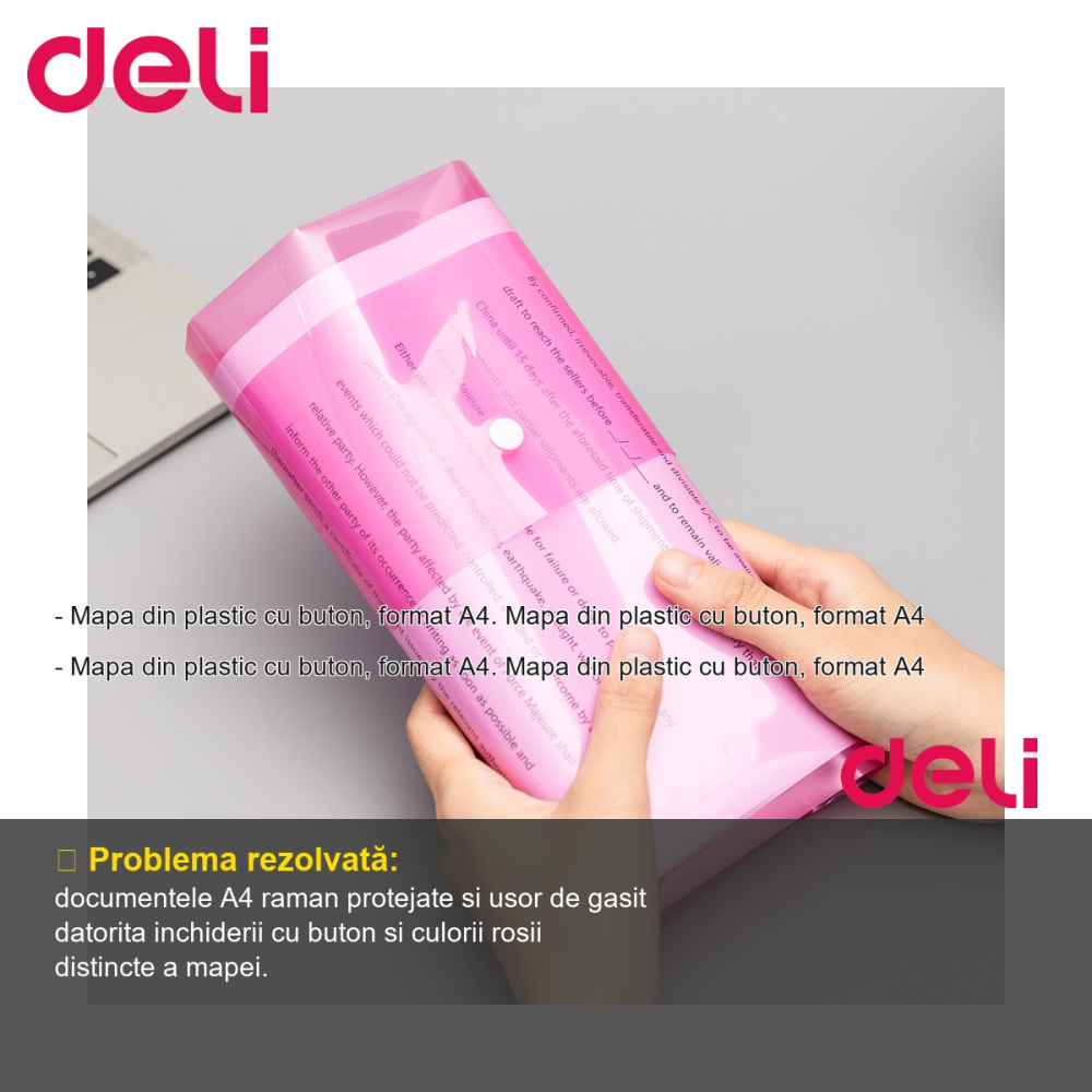 Mapa plastic cu buton Deli, format A4, rosie, pentru organizarea documentelor la birou [2]