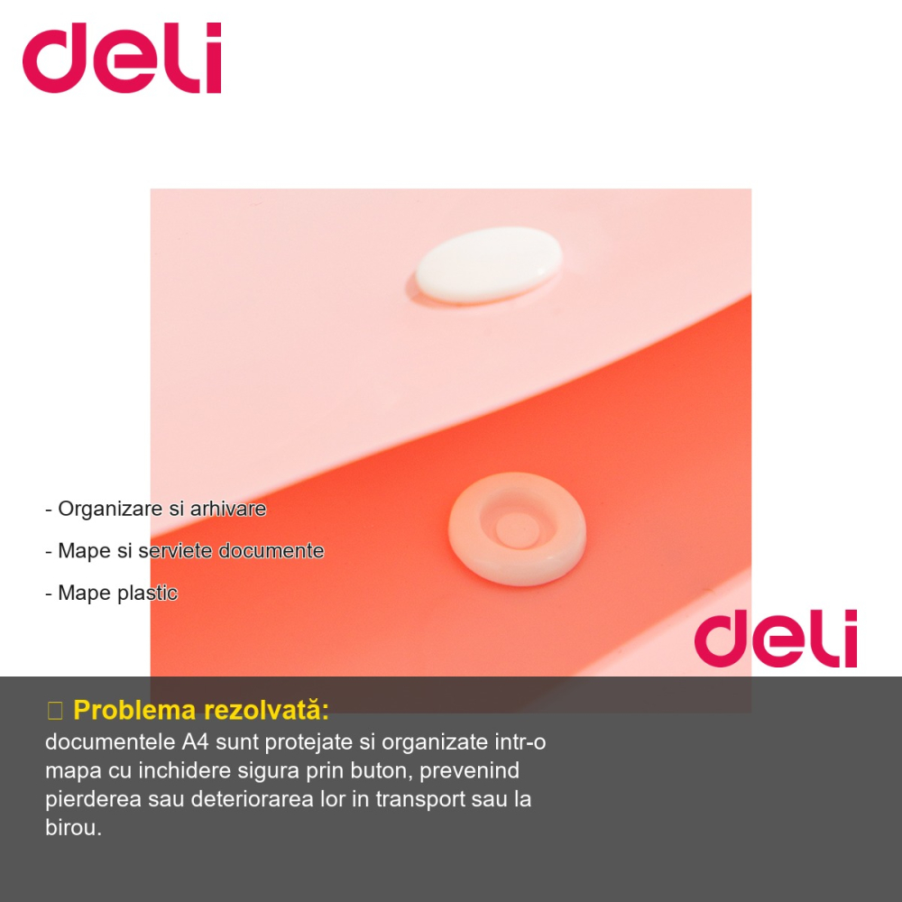 Mapa plastic cu buton Deli, format A4, roz pastel, pentru organizare documente [2]