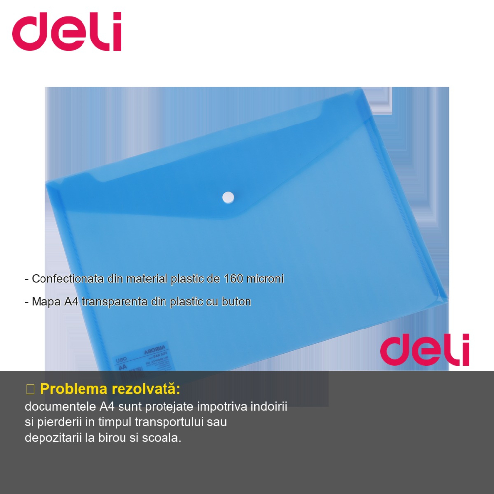 Mapa plastic cu buton Deli, format A4, transparenta, albastru, pentru organizare documente [2]