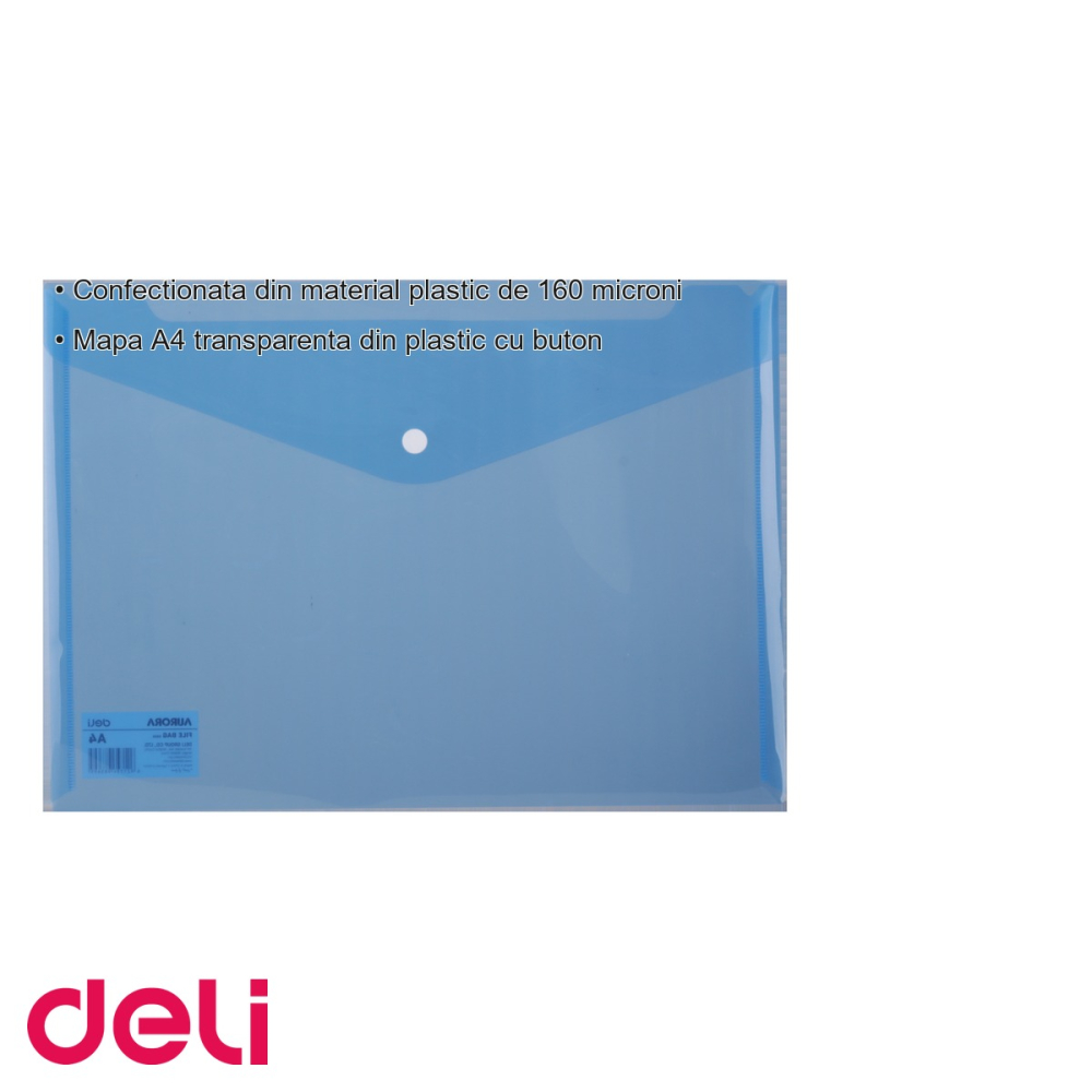 Mapa plastic cu buton Deli, format A4, transparenta, albastru, pentru organizare documente [3]