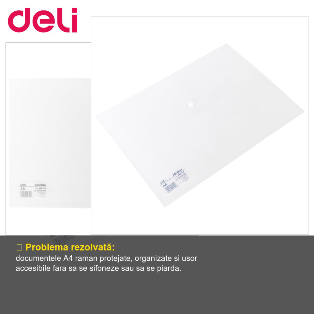 Mapa plastic cu buton Deli, format A4, transparenta, pentru organizare documente [2]