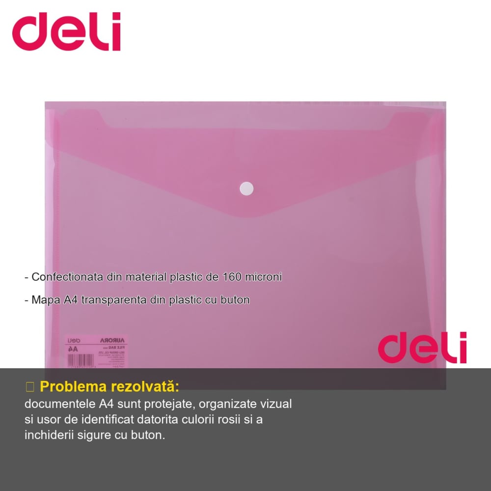 Mapa plastic cu buton Deli, format A4, transparenta rosie, pentru organizarea documentelor [2]