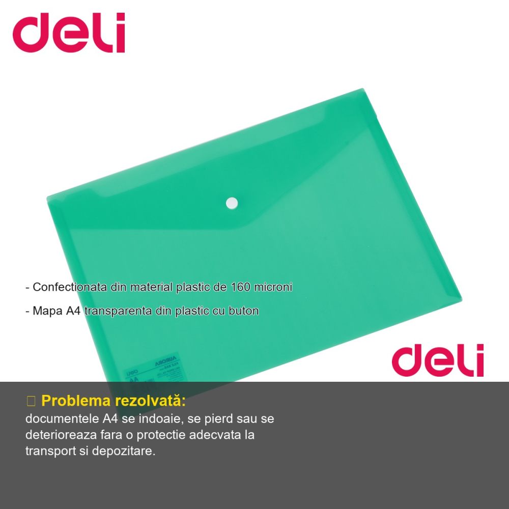 Mapa plastic cu buton Deli, format A4, transparenta, verde, pentru organizare documente [2]
