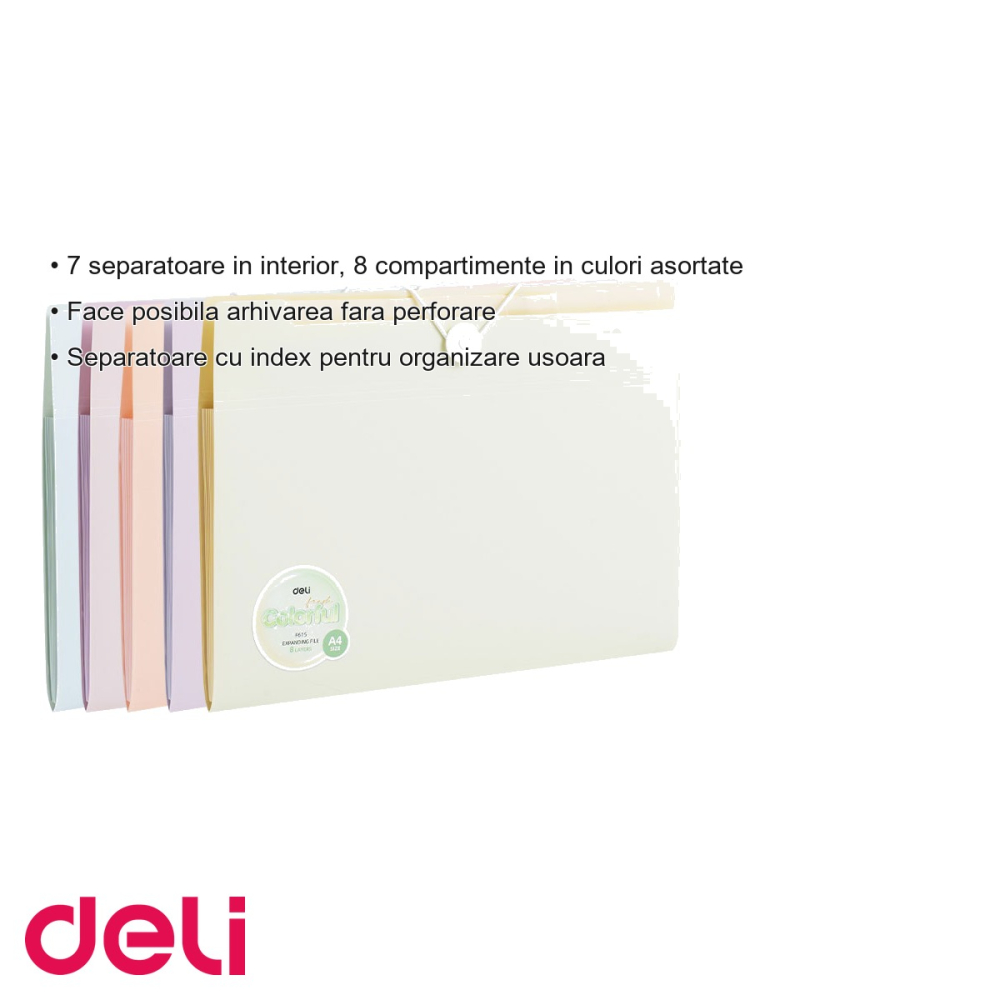Mapa plastic cu elastic Deli Macarons, 7 separatoare, 8 compartimente colorate, format A4 [3]