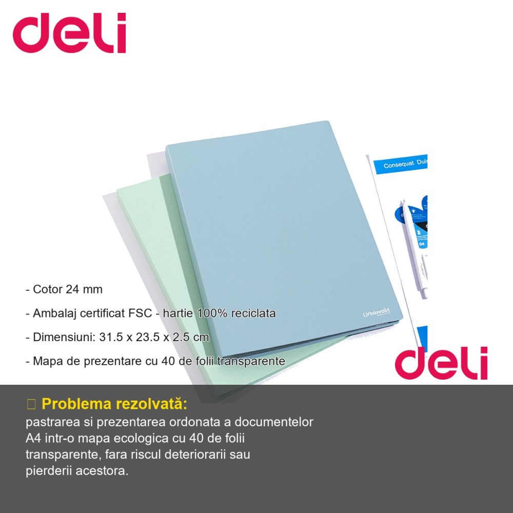 Mapa prezentare Deli, 40 folii transparente, material eco din fibre de grau, culori asortate [2]