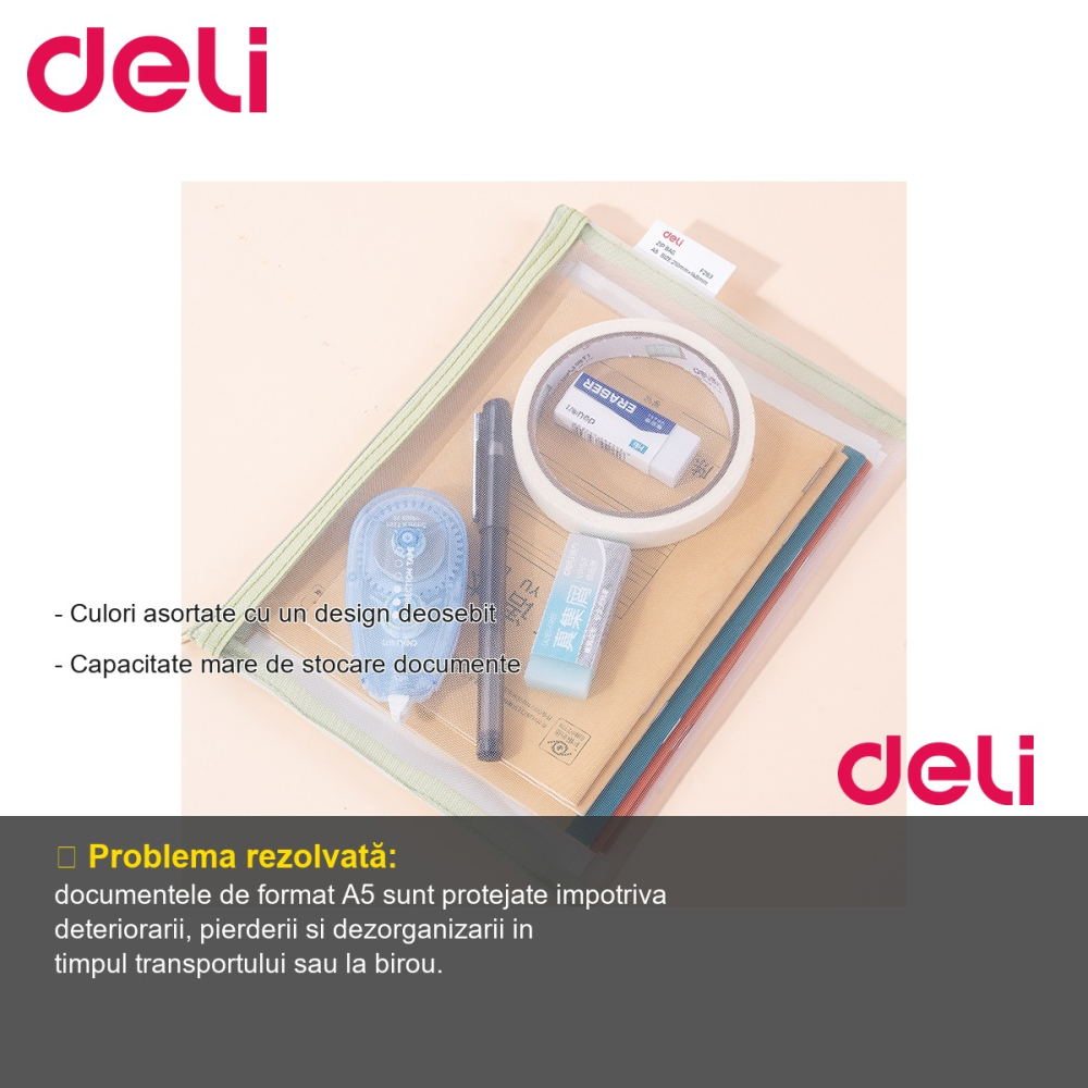 Mapa protectie cu fermoar Deli, format A5, mesh poliester, pentru organizare documente [2]