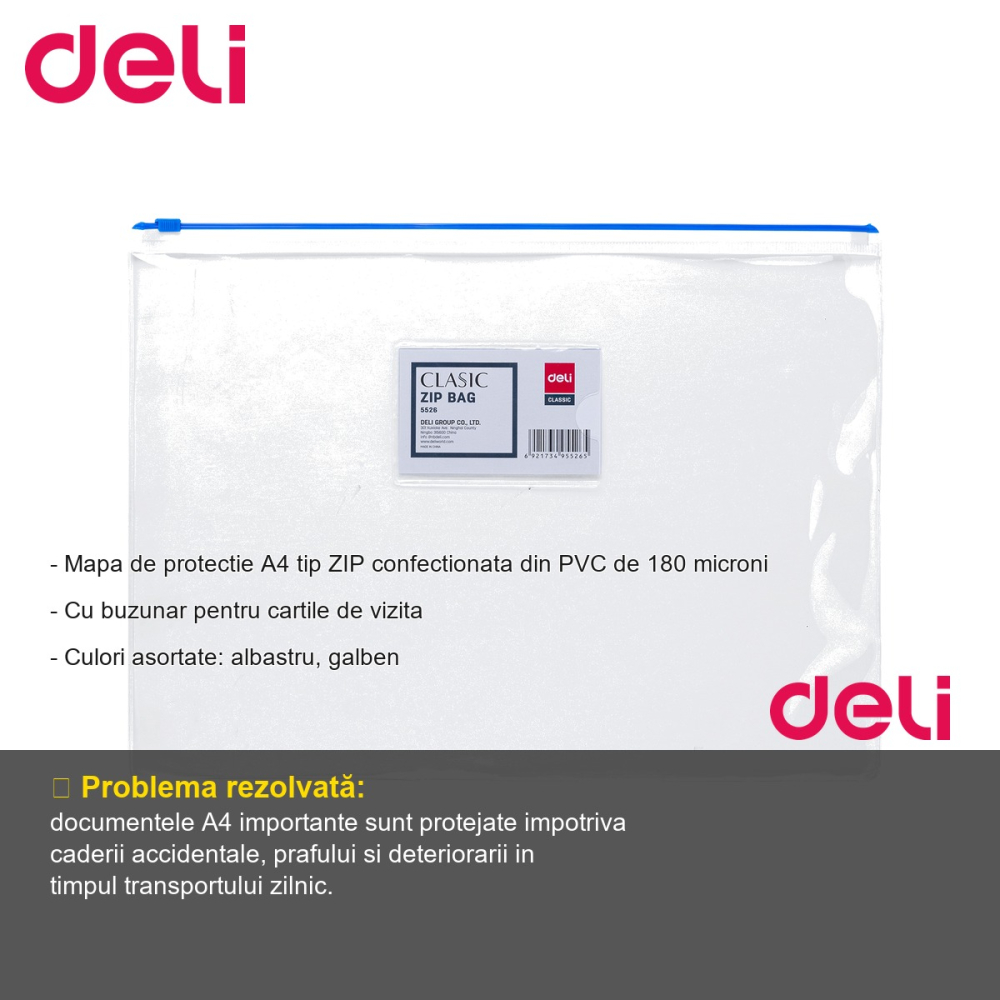 Mapa protectie documente A4 cu inchidere zip Deli, PVC 180 microni, cu buzunar carti de vizita [2]